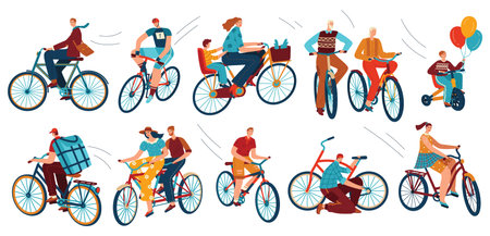 Bicycle riders on bikes, sport, isolated vector illustrations. Cyclist man, woman, children,...