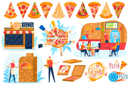 Pizza food business set of isolated vector illustrations. Order pizza online with delivery. Delivery man with pizza on trunk.のイラスト素材