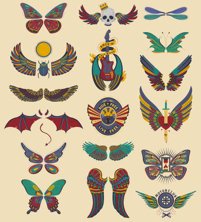 Wings set of angel, devil, dragon, bat and butterfly, bird, dragonfly, isolated vector illustration icons. Retro decoration.のイラスト素材
