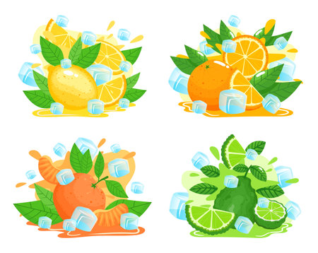Citrus fruit with ice cubes vector illustration set, cartoon ripe whole sliced citrus fruits, splash of juice, falling ice cubesのイラスト素材