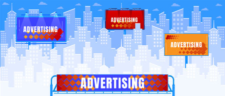 City advertising billboard vector illustration, cartoon flat urban cityscape skyline with signboards advertise business promotionのイラスト素材