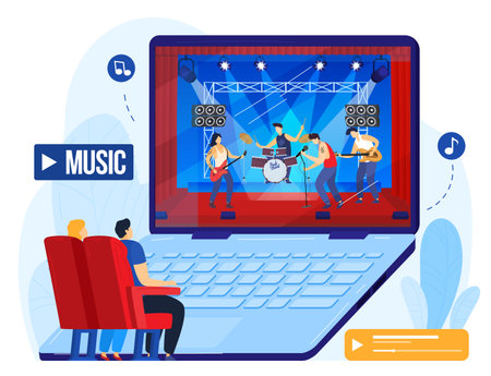 Online music concert, people watch musical performance on computer vector illustration. Rock festival with musicians video stream.のイラスト素材