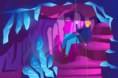 Climber adventure in mountains, study ice caves, extreme sport speleology spelunker vector illustration. Rocks in mountains, caving travel.のイラスト素材