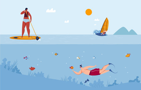 Water sports diving, surfing yachting and ski vector illustration. Swimming, sailing on summer vacation. Divers in sea water.のイラスト素材