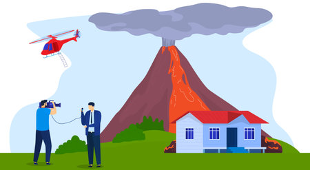 Accident news, reporter journalist live broadcasting volcano eruption near city, vector...