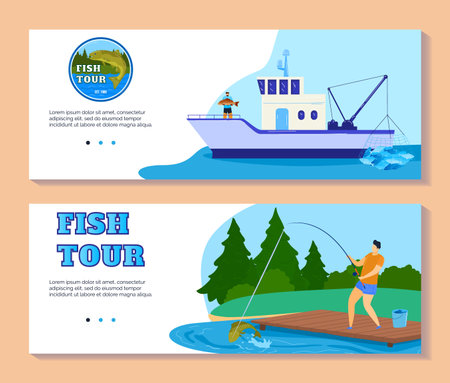 Fishing tourism or fish catch sport adventure vector illustration. Fisherman at lake with rod. Fish ship with fishing tackle and lures for pike, perch or seafood.のイラスト素材
