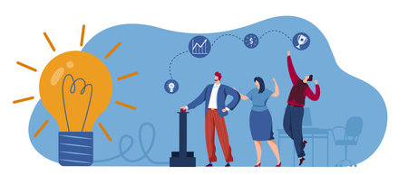 Business growth strategy, idea concept vector illustration. Businesspeople with light bulb as metaphor of solution, success.のイラスト素材