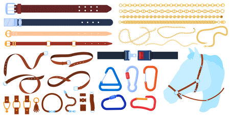 Leather belts, gold chains and harness accessories, collection handmade jewelry, flat style vector illustration, isolated on whiteのイラスト素材