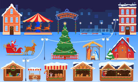 Christmas market, fun fair, active shopping, holiday sale, merchandise kiosk, snowy day, design cartoon style vector illustration.のイラスト素材