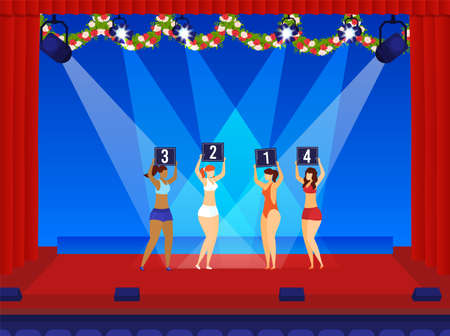Beauty girl, swimsuit showing, woman performing show, beautiful bikini model, design, in cartoon style vector illustration.のイラスト素材