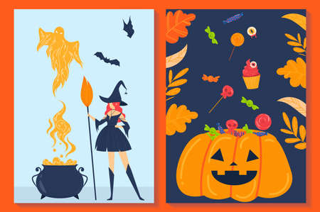 Halloween day, woman holiday, black appearance, traditional elegant hat, pumpkin orange, design, cartoon style vector illustrationのイラスト素材