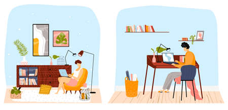 Home work, business young people, woman computer concept, freelance work character, design, flat style vector illustration.のイラスト素材