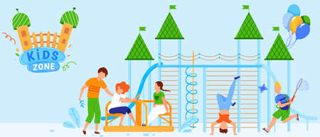 Children zone, game background, entertainment complex swings, leisure sandbox, design, cartoon style vector illustration.のイラスト素材