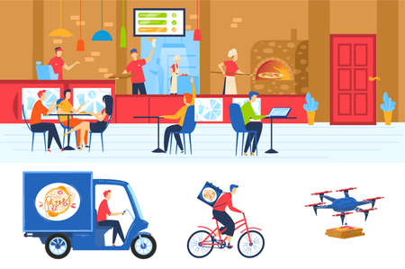 Pizza cafe, delivery car, order, food courier, scooter fast, pizzeria business, design, cartoon style vector illustration.のイラスト素材