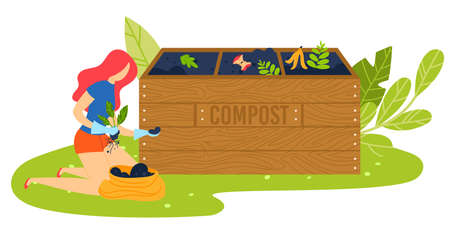 Compost waste, sorting food, girl reuse organic fertilizer ground, ecology protection, design, flat style vector illustration.のイラスト素材