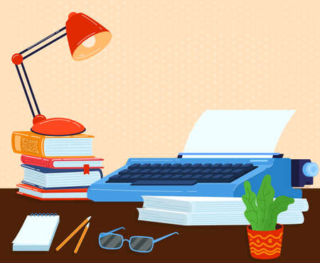 Retro machine, printing technique, paper print, antique vintage, lamp stand book stack, design, cartoon style vector illustration.のイラスト素材