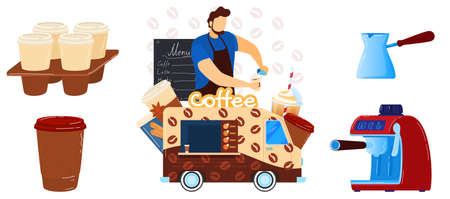 Street food, fast food, traditional business cart, delicious cooking, isolated on white, design, flat style vector illustration.のイラスト素材
