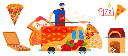 Pizza food, street business man, delivery concept, isolated on white, fast kitchen, design, in cartoon style vector illustration.のイラスト素材