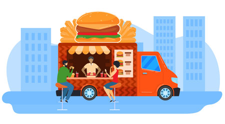 Street food, hamburger sales park, young people drink coffee, fast feed store, design, style cartoon vector illustration.のイラスト素材