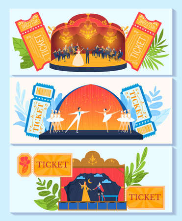 Ballet theater, opera banner, advertising collection, decorative show element, design, cartoon style vector illustration.のイラスト素材
