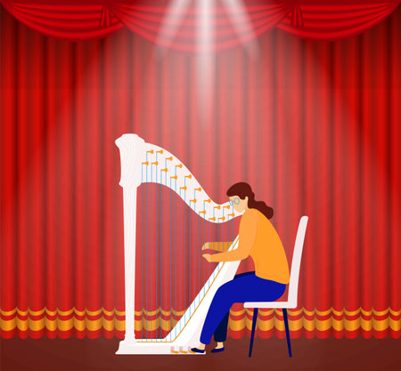 Theater music, harp performance, instrument theater event, culture classic sound, design, cartoon style vector illustration.のイラスト素材