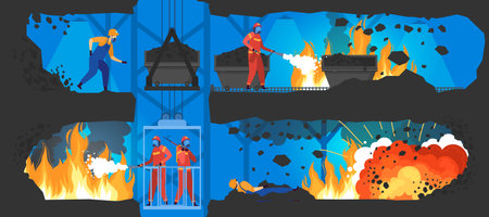 Firefighter extinguishes fire, mine explosion, protective male suit, danger rock collapse, design in cartoon, vector illustration.のイラスト素材