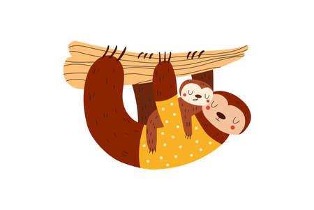 Animals baby. mom holds baby in her paws, sleeping sloth on tree branch, cartoon style vector illustration isolated on white.のイラスト素材
