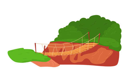 Rope bridge with planks, pedestrian suspension bridge over abyss. Design cartoon style isolated on white.のイラスト素材