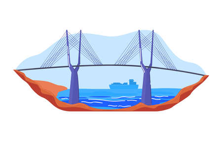 Automobile suspension bridge over bay in america, colorful architecture. Design cartoon style isolated on white.のイラスト素材