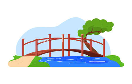 Bridge in mountains, modern pedestrian suspension bridge over abyss. Design cartoon style isolated on white.のイラスト素材