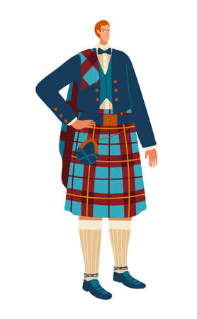 National culture, multinational people, Scottish dress style, Scotsman in skirt. Cartoon vector illustration isolated on white.のイラスト素材