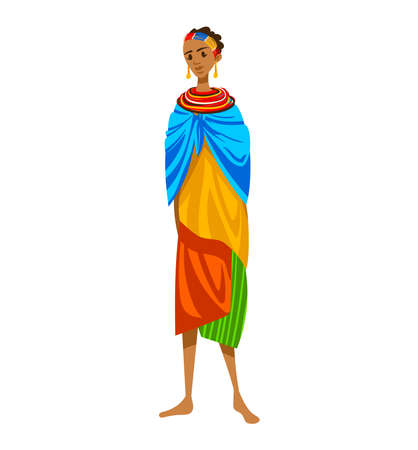 Ethnic africa, tribe traditional aboriginal, girl native culture, isolated on white design flat style vector illustration.のイラスト素材