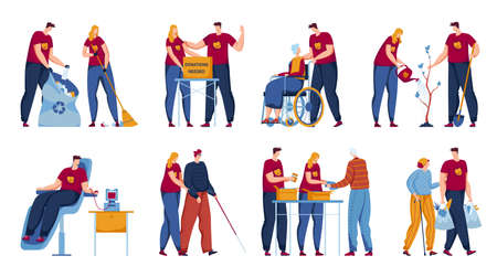 Volunteer work set, vector illustration. Flat man woman character care about elderly people, social assistance isolated on white collection.のイラスト素材