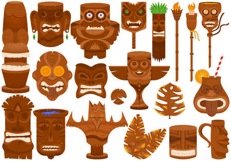 Tiki mask and wooden totem, isolated on white set, vector illustration. Hawaiian tribal traditional element with face, exotic culture collection.のイラスト素材