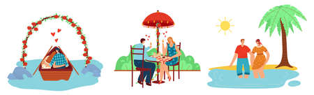 People at romantic date set, vector illustration, flat man woman character together sail boat under flower arch, happy couple have dinnerのイラスト素材