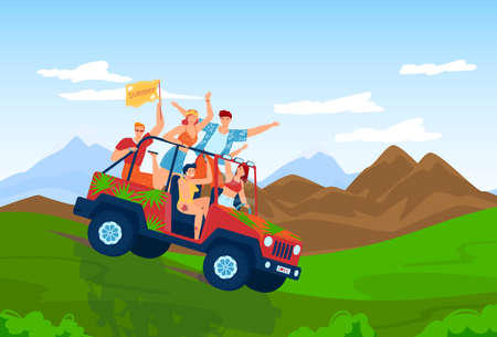Summer travel by car, people friends ride suv, vector illustration, happy young man woman character at tourism journey, vehicle at mountain natureのイラスト素材