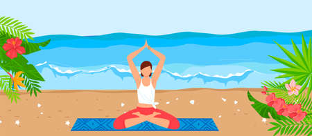 Tropical sea beach for yoga relax, vector illustration, flat young girl character sitting in meditation healthy pose at sand, summer vacation.のイラスト素材