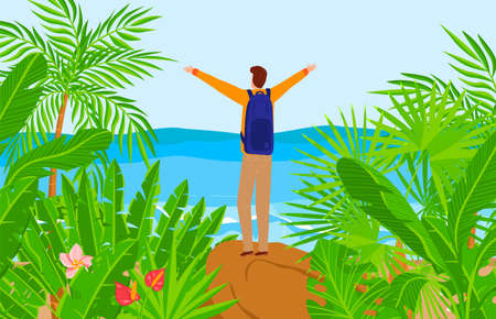 Tourist at beach nature, vector illustration, flat man character at tropical adventure, happy tourism near sea, traveler with backpackのイラスト素材