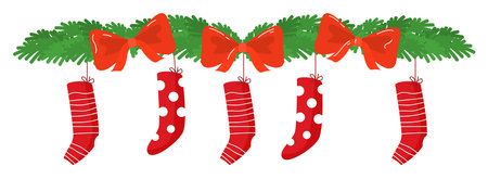Red Christmas stockings hanging green garland adorned red bows holiday festive decorations winter season cheer illustration. Handdrawn cartoon graphic style isolated white background. Perfectのイラスト素材