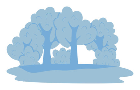 Bluecolored trees bushes standing flat ground. Silhouette simplistic forest artwork. Modern minimalist nature representationのイラスト素材