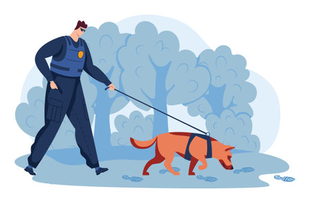 Police officer handling search rescue dog park during investigation, wearing uniform sunglasses. K9 unit training session handler walking scenttracking German Shepherd forest. Patrolman service dogのイラスト素材