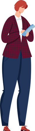 Redhaired woman wears checkered blazer, blue pants, red shoes holds clipboard writing notes. Female office worker dressed professional attire records information. Cartoon character isolated whiteのイラスト素材