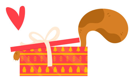 squirrel hidden inside decorative red yellow gift box, large white ribbon heart icon nearby isolated white background. Cute animal hiding within intricately patterned present box festive feelのイラスト素材