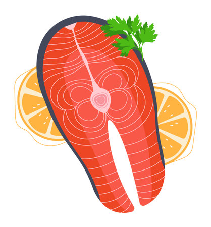 1. Fresh sliced salmon steak garnished parsley lemon slices isolated white background. Red fish...