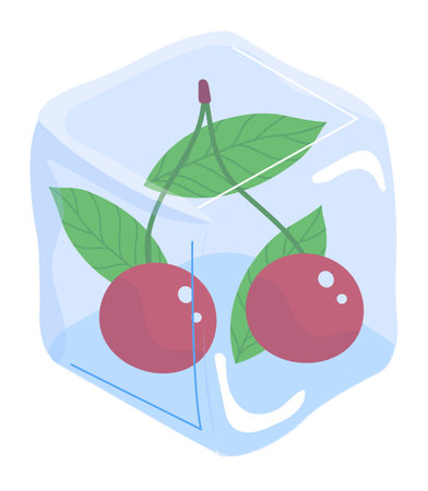 Cherries frozen inside ice cube, cherry stems leaves visible, summer concept. Refreshing fruit illustration, red cherries green leaves trapped ice, cooling down. Vector graphic ice, stylized fruitのイラスト素材
