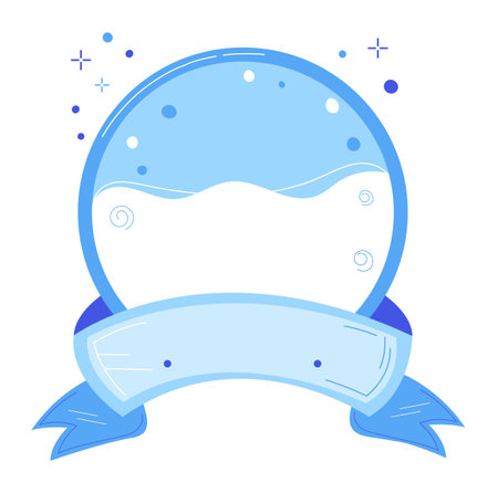Blue snow globe banner winter holiday decoration isolated white background. Blank ribbon space text snowflakes festive season. Snowglobe empty label wintry theme celebration invitation designのイラスト素材