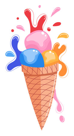 Colorful triple scoop ice cream cone melting, vibrant splashes. Sweet dessert graphic illustration isolated white background. Summer treat colorful ice cream waffle cone drippingのイラスト素材
