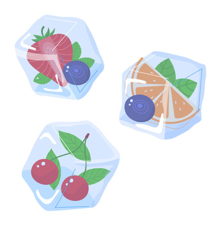 Three ice cubes containing different fruit strawberry blueberry cherry orange slice. Frozen fruit ice summer beverage garnish concept. Refreshing sweet drinks cubes illustrationのイラスト素材