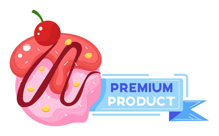 Cartoon cupcake cherry frosting swirls delicious treat ribbon label premium product design. Sweet pastry illustration cherry topping isolated white background food advertisement. Confectioneryのイラスト素材