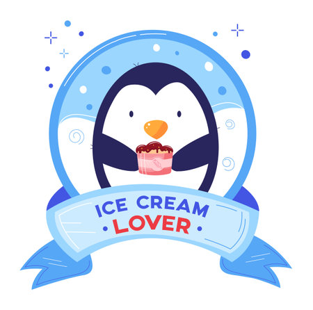 Cute penguin holding ice cream, text, happy animal enjoys dessert. Penguin illustration ice cream lover, cheerful character, ribbon, holding cream cup, styleのイラスト素材